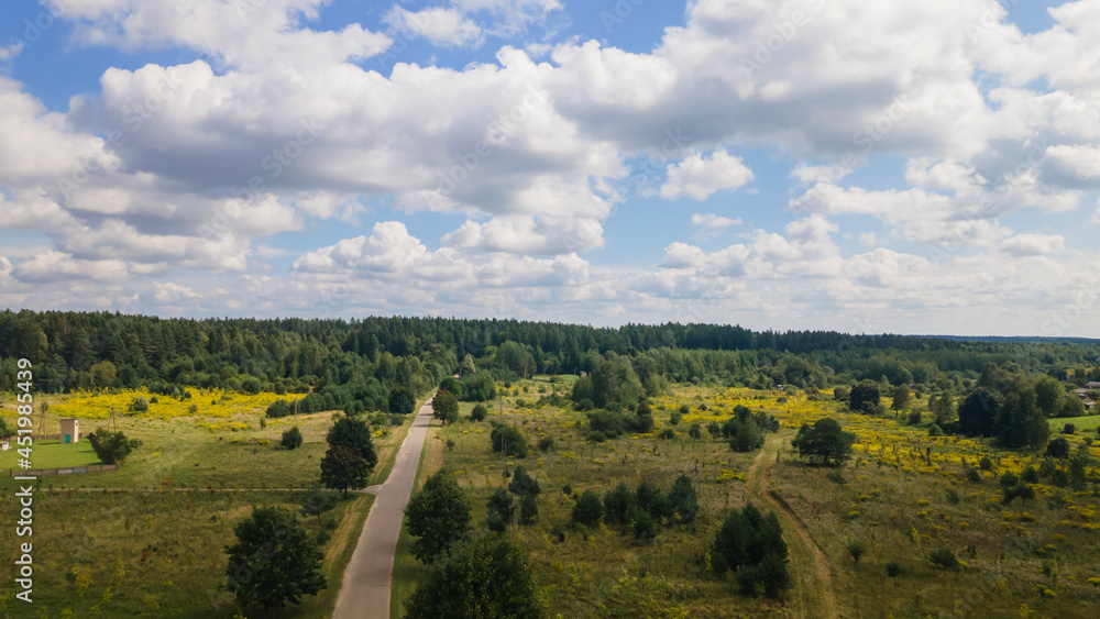 Summer rural landscape with the blue sky, clouds, meadow and forest. Aerial view. Countryside concept.