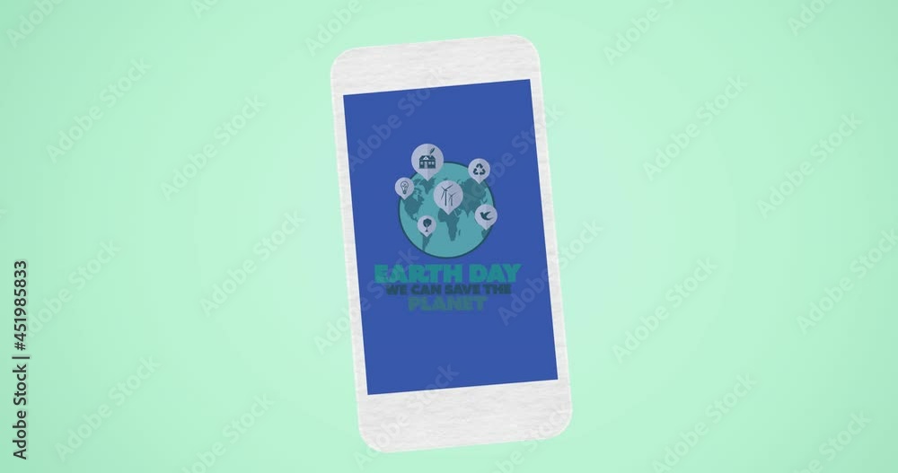 Animation of ecology earth day text and globe logo over smartphone screen on green Animation of ecology earth day text and globe logo over smartphone screen on green