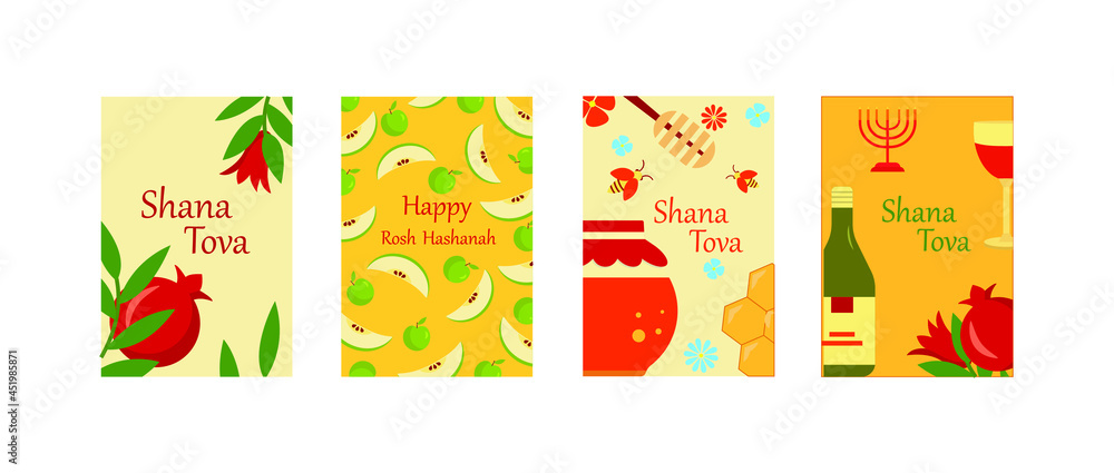 Rosh hashanah Jewish New Year holiday greeting card and banner set. Symbols of the Jewish holiday Rosh Hashanah, New Year. Shana Tova - Happy and sweet New Year in Hebrew. Vector illustration set