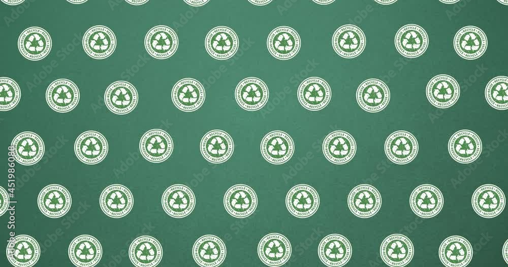 Animation of multiple falling recycling text and logos on dark green background Animation of multiple falling recycling text and logos on dark green background