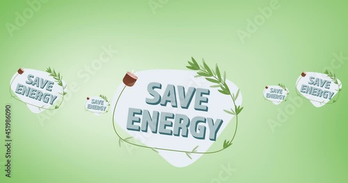 Animation of multiple falling save energy texts and logos on green background