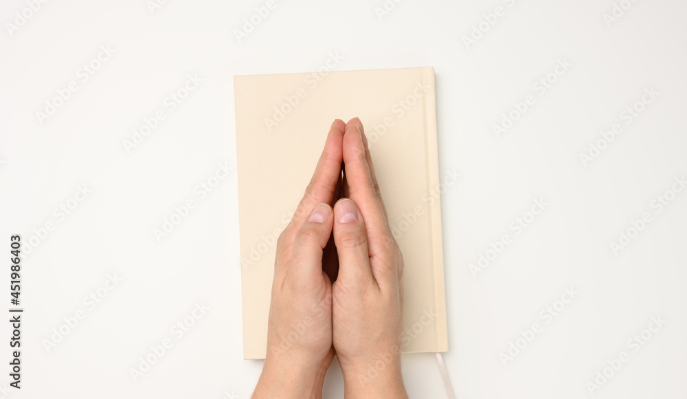 two female hands in a prayer pose on a white background two female hands in a prayer pose on a white background