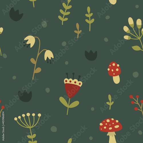 Fototapeta Naklejka Na Ścianę i Meble -  Dark forest swamp floral dodle pattern. Seamless texture for textile, fabric, apparel, wrapping, paper, stationery.