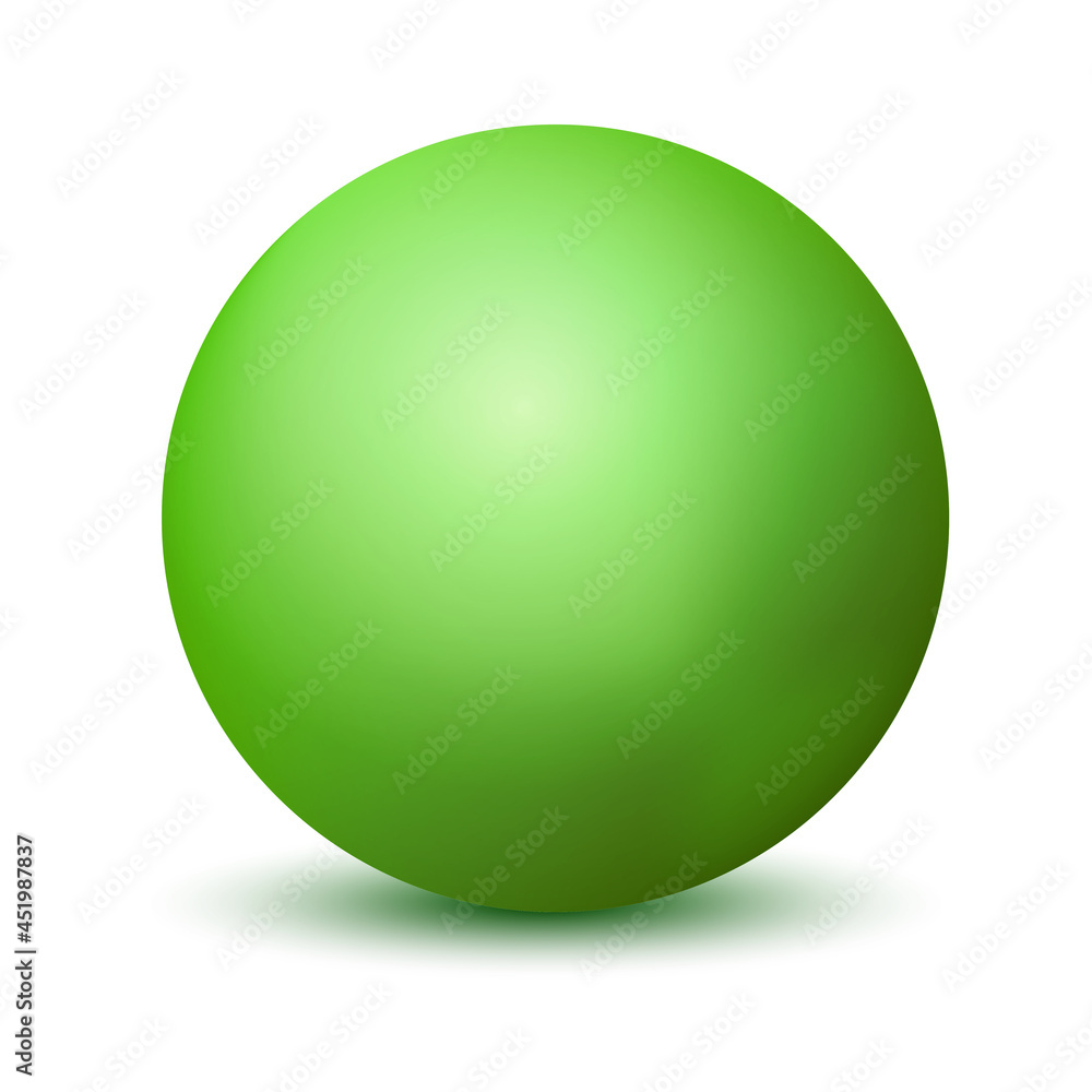 Glass green ball or precious pearl. Glossy realistic ball, 3D abstract vector illustration highlighted on a white background. Big metal bubble with shadow