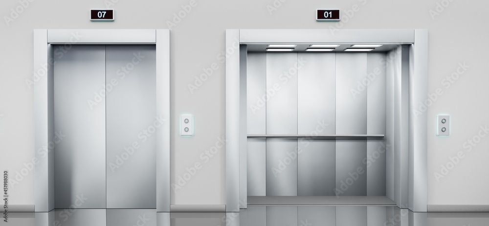 Passenger and cargo elevators with closed and open silver doors in hallway. Realistic empty interior with lifts, metal panel with buttons and display on wall in home, office or warehouse, 3d render