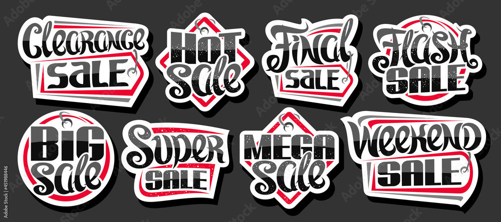 Vector set for Sales, decorative cut paper ad signboards for black friday and cyber monday sale, lot collection of red isolated pricetags with unique handwritten lettering for short sales slogans.