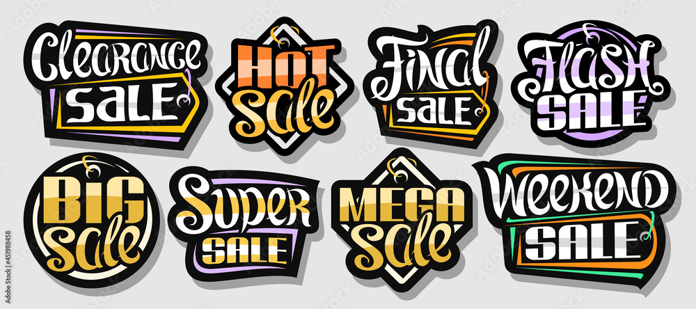 Vector set for Sales, dark decorative ad signboards for black friday and cyber monday sale, lot collection of colorful isolated pricetags with unique handwritten lettering for short sales slogans.