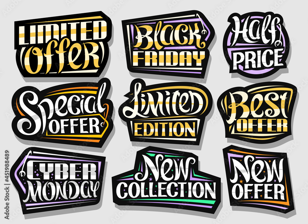 Vector set for Sales, dark decorative ad signboards for black friday and cyber monday sale, lot collection of colorful isolated pricetags with unique handwritten lettering for short sales slogans.