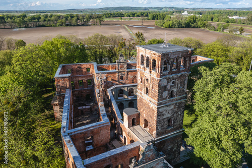 Drone view of palace ruins in Tworkow, small village in Silesia region of Poland photo