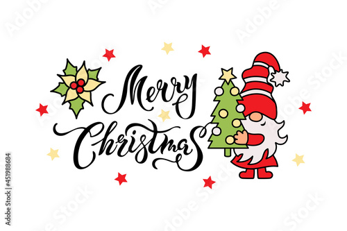 Handwritten lettering Merry Christmas and adorable gnome with christmas tree on white background. Vector illustration.