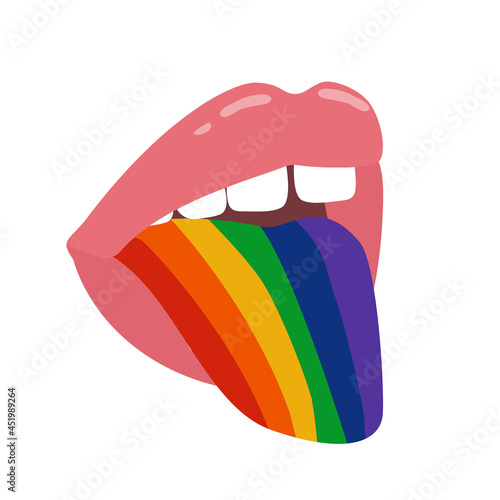 Open mouth with pink lips and tongue as LGBT flag. Trendy graphic. Vector hand drawn illustration.
