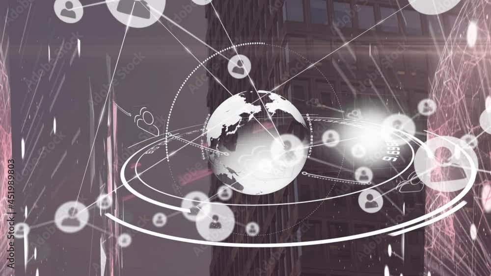 Animation of network of connections with icons over cityscape Animation of network of connections with icons over cityscape