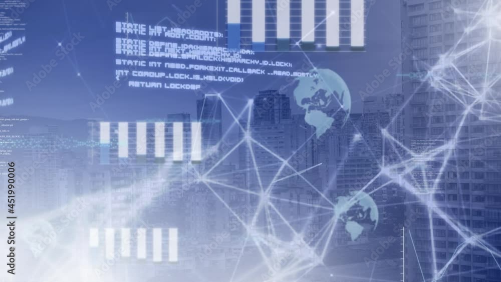 Animation of network of connections with data processing over cityscape Animation of network of connections with data processing over cityscape