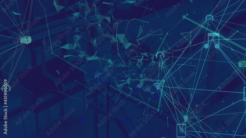 Animation of network of connections with icons over cityscape Animation of network of connections with icons over cityscape