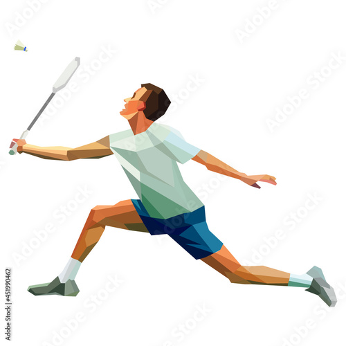 Polygonal professional badminton player. Man with racket
