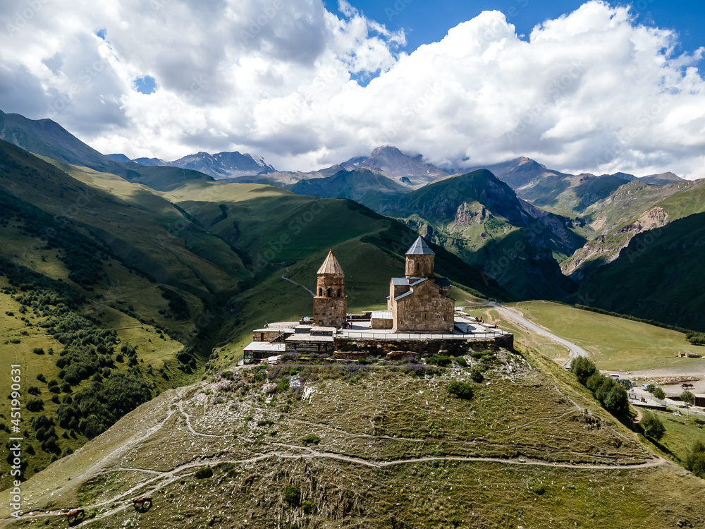 Aerial view of Gergeti Trinity Monastery Kazbegi Georgia with Beautiful Mountains