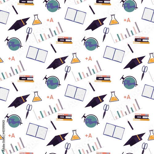 Back to school. Different university and school elements. Template, seamless pattern set. Collection education objects. Concept of learning and studying