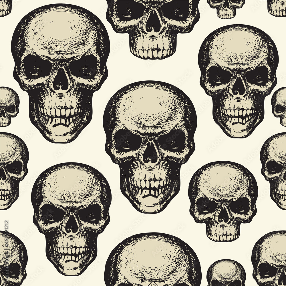 Seamless pattern with hand-drawn human skulls on a beige backdrop. Vector background with sinister skulls in retro style. Graphic print for clothes, fabric, wallpaper, wrapping paper