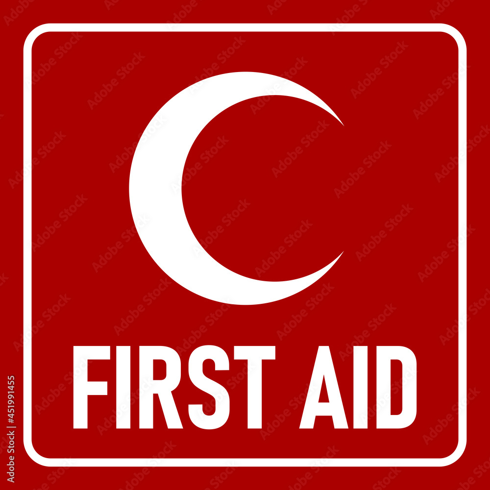 Red First Aid Icon with Crescent or Half Moon Symbol. Vector Image.