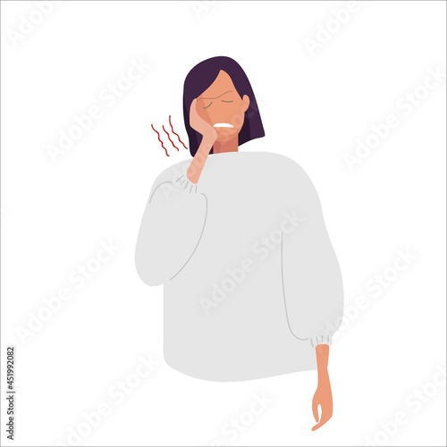 Toothache. Woman in white sweater presses her hand against her jaw. She's experiencing toothache. Girl suffers from toothache. Dental symptom. Flat vector illustration. Physical injury collection