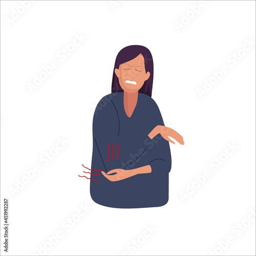 Elbow pain. Woman hit her elbow and is in unbearable pain. Girl holding elbow. Character with hand trauma, Muscular Inflammation, Rheumatism. Flat vector illustration. Physical injury collection