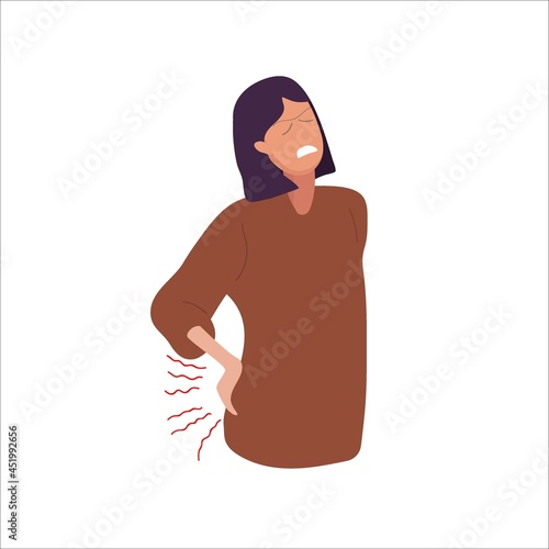 Back pain. Woman holding her lower back. Girl suffers from unbearable pain. Upset female suffer having injury or spine damage. Flat vector illustration. Physical injury collection