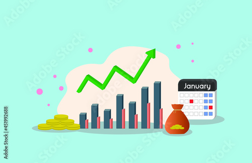 vector illustration chart financial statement improvement chart, trading plan, corporate profit report, best business icon coin, calendar, treasure bag and gold
