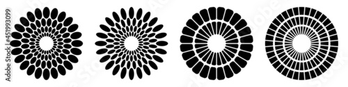 Set of four abstract circular symmetric ornaments. Geometric shapes isolated on white background. Tattoo design. Decorative patterns. Vector monochrome illustration.