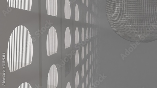 3d Illustration of Sphere and Circular Building. Modern Geometric Wallpaper. Futuristic Technology Design. 3d rendering.