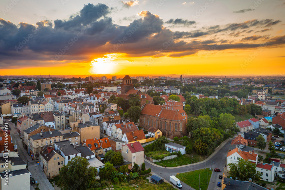 A beautiful sunset over a medieval church in Tczew, Poland.