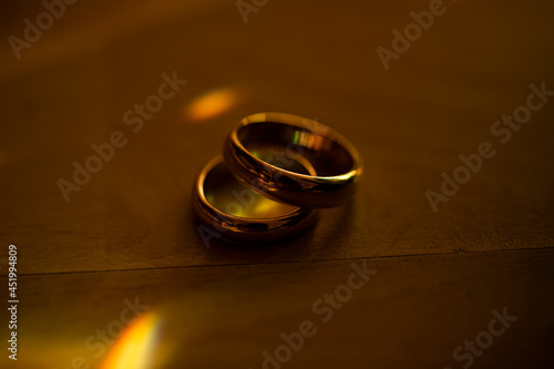 wedding rings on the table. Wedding. Golden. Decoration
