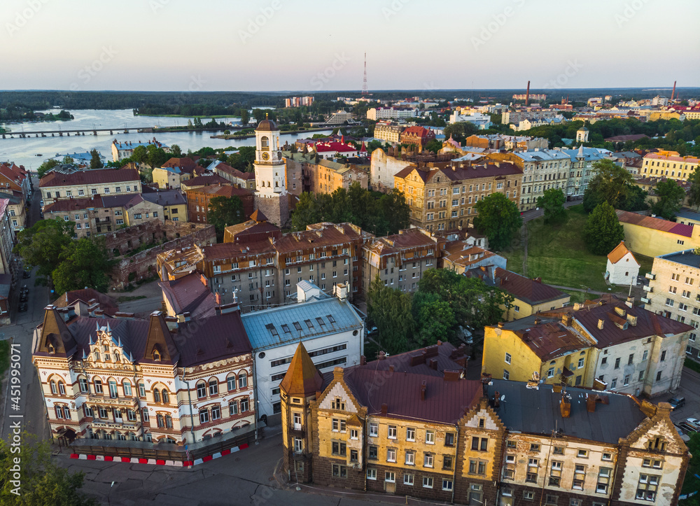 Aerial view of the houses in Vyborg city. Clock tower and medival houses