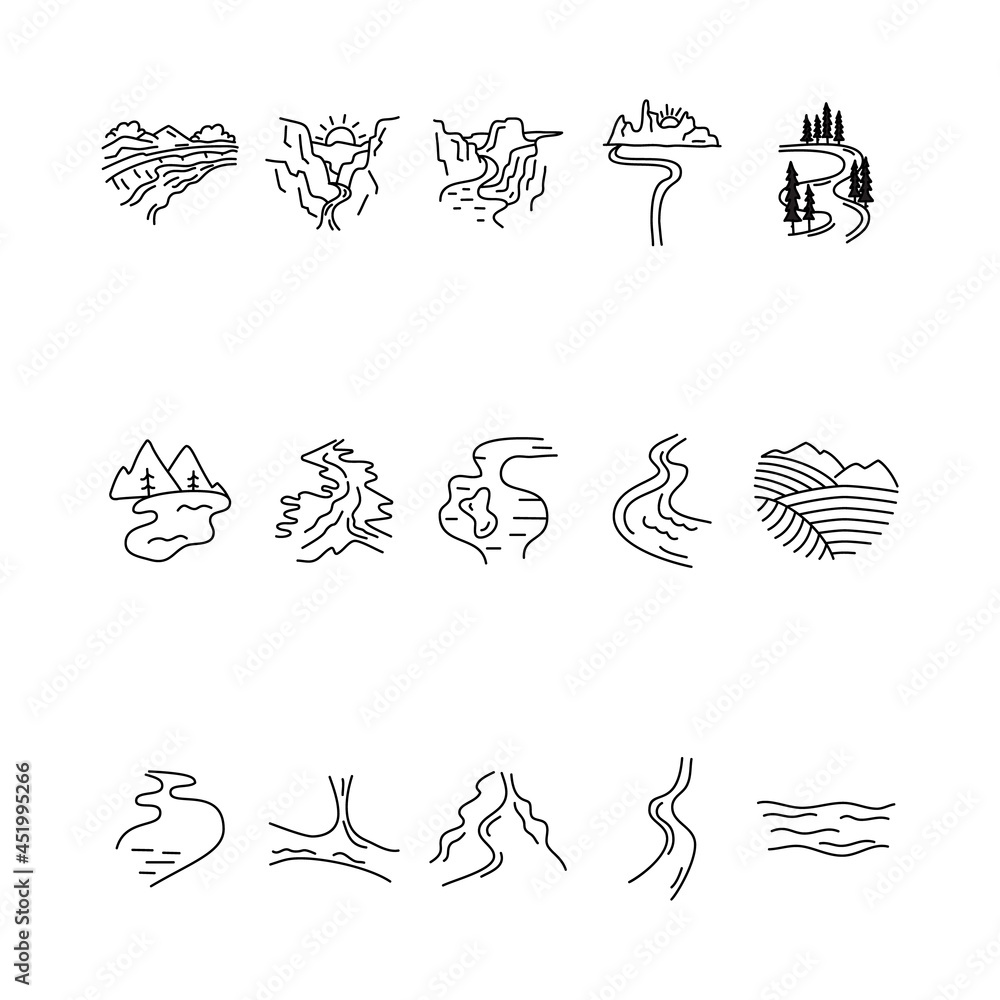 Simple valleys, rivers and mountains icons shapes set. Logo creation kit. Outdoor adventure line art elements bundle. Silhouette linear concept. Stock Simple valleys, rivers and mountains icons shapes set. Logo creation kit. Outdoor adventure line art elements bundle. Silhouette linear concept. Stock