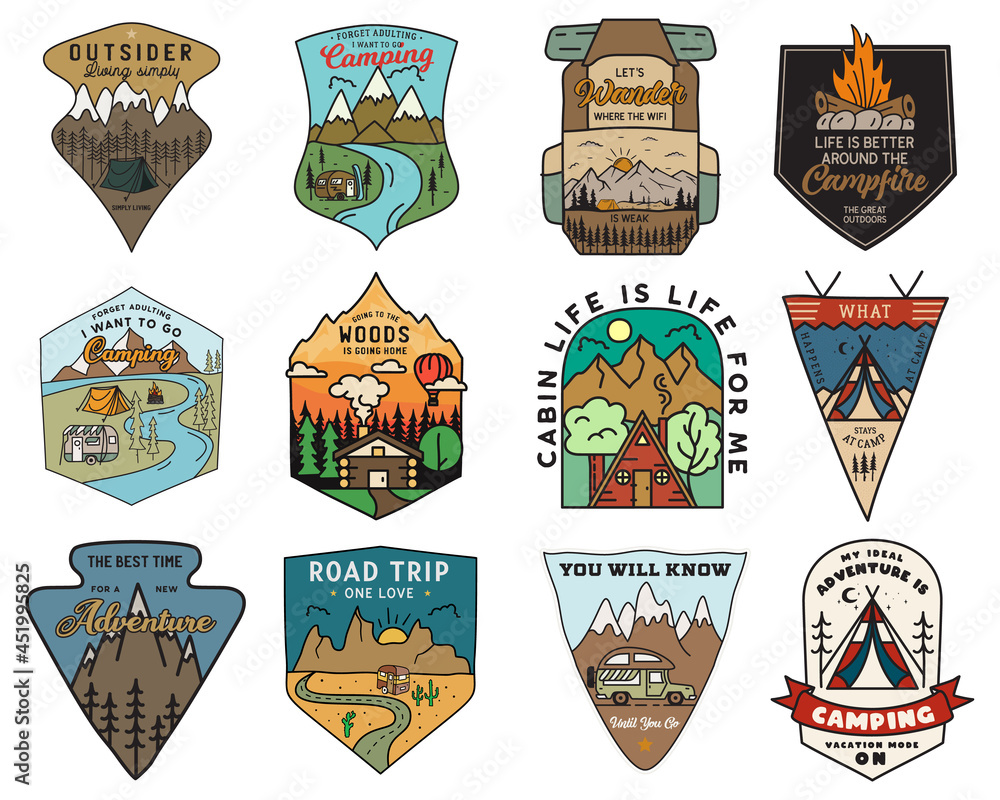 Camping adventure badges logos set, Vintage travel emblems. Hand drawn stickers designs bundle. Hiking expedition, road trip labels. Outdoor camper insignias. Logotypes collection. Stock . - obrazy, fototapety, plakaty 