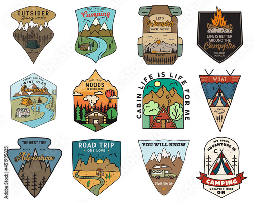 Camping adventure badges logos set, Vintage travel emblems. Hand drawn stickers designs bundle. Hiking expedition, road trip labels. Outdoor camper insignias. Logotypes collection. Stock .