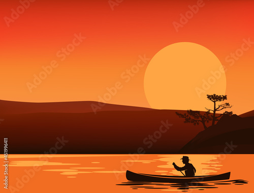 man rowing in canoe boat at sunset with pine tree and lake shore in background - wilderness boat travelling vector silhouette scene