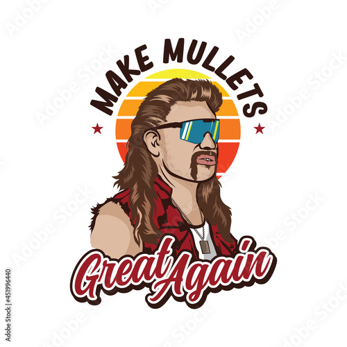 A man with mullet hair style and red neck shirt in retro style, good for club logo and tshirt design photo