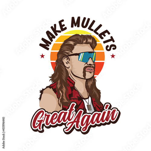 A man with mullet hair style and red neck shirt in retro style, good for club logo and tshirt design