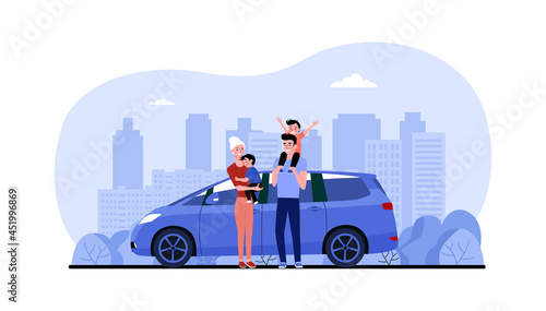 Family with their car minivan against the background of abstract cityscape. Vector illustration.