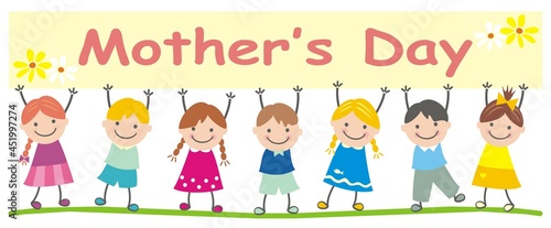 Happy Mother s day  group of girls and boys with banner  text  vector illustration