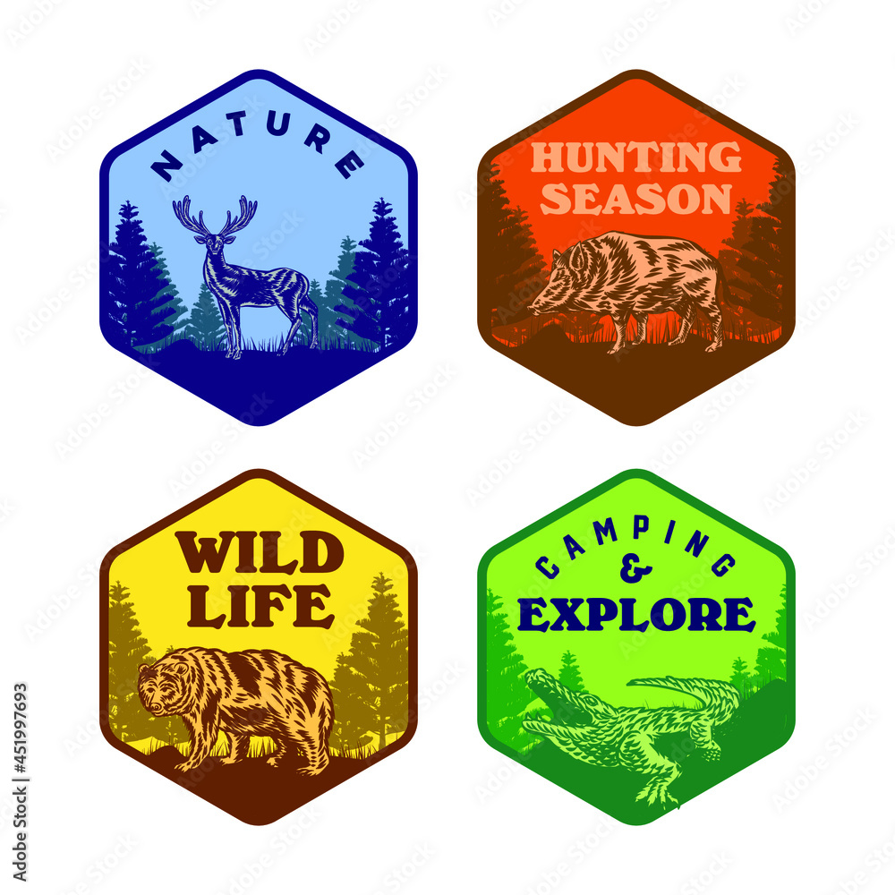 Obraz premium Set of Wild life animal badge crocodile bear deer hog