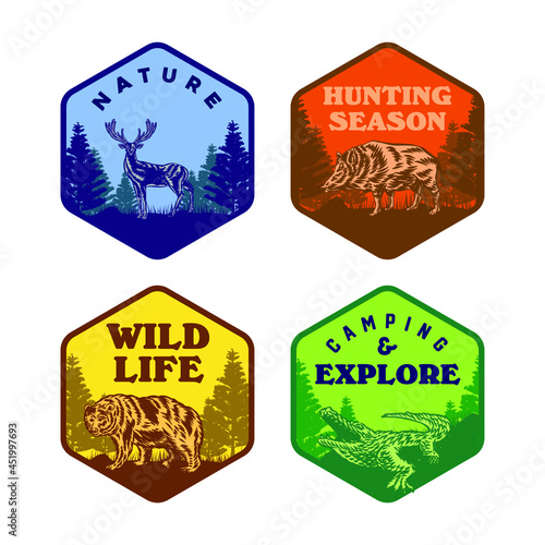 Set of Wild life animal badge crocodile bear deer hog