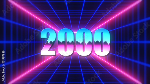 Fototapeta Naklejka Na Ścianę i Meble -  Retro Futuristic Colorful Number 2000 Text Style On 3d Perspective Mesh Rectangle Tunnel And Neon Light Background Design