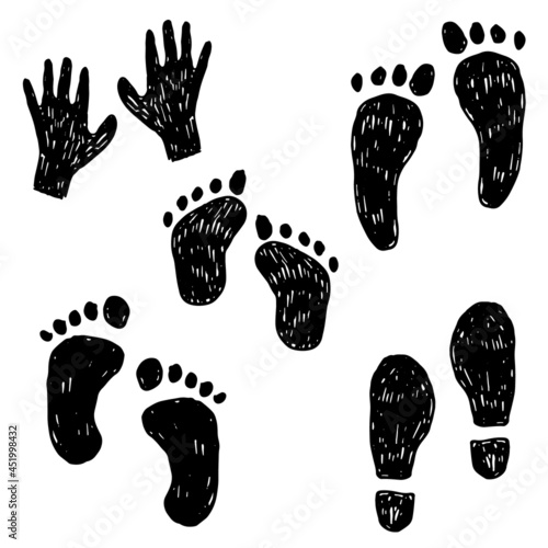 Vector hand drawn foot prints on white background