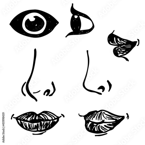 Vector hand drawn silhouettes of lips, noses and eyes in different projections. Drawings