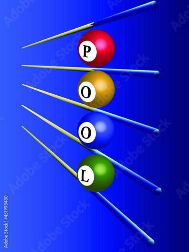 vector illustration with the image of billiard balls, cues and the inscription "pool" for prints on banners, posters, flyers and decorations of billiard halls and pubs