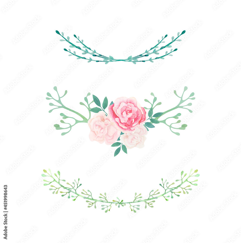 Watercolor floral set of arrangements with rose, carnations and eucalypti. Gentle botanical compositions with pink flowers and greenery for wedding decoration, prints, logo and cards.