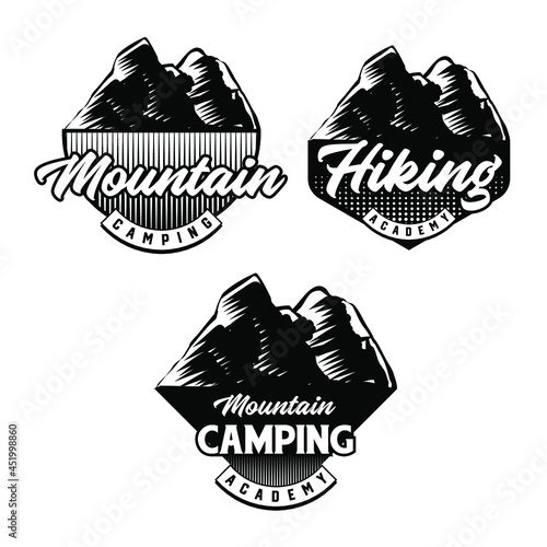 Set of Mountain biking and camping club badge. Vector