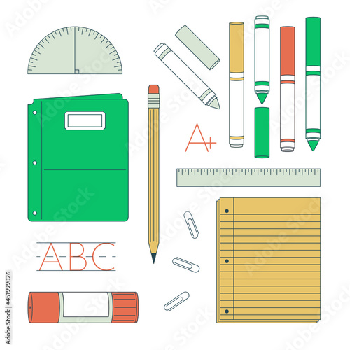 Back to School Vector Icons with gluestick, markers, pencil, paperclips, protractor, ruler, folder, A+ photo