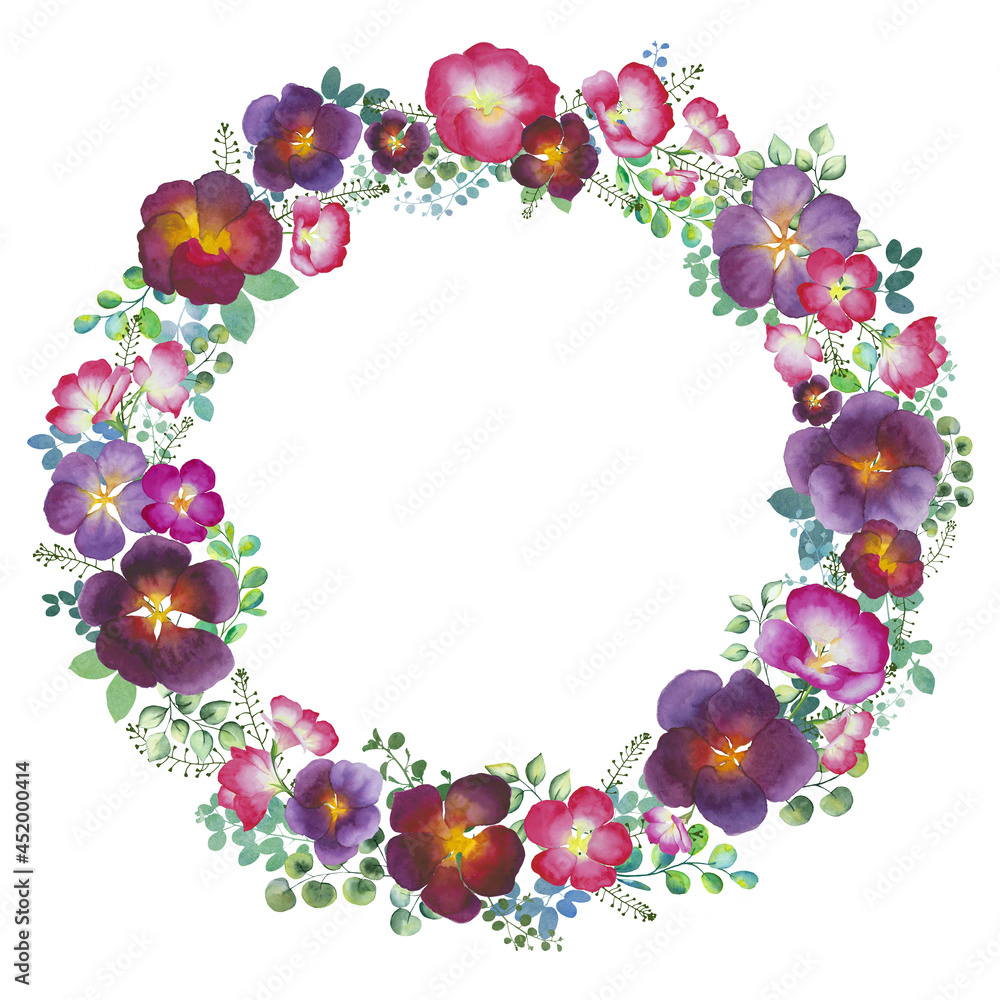Wild colorful flowers wreath isolated. Watercolor summer floral frame. Blossom bouquet botanical illustration